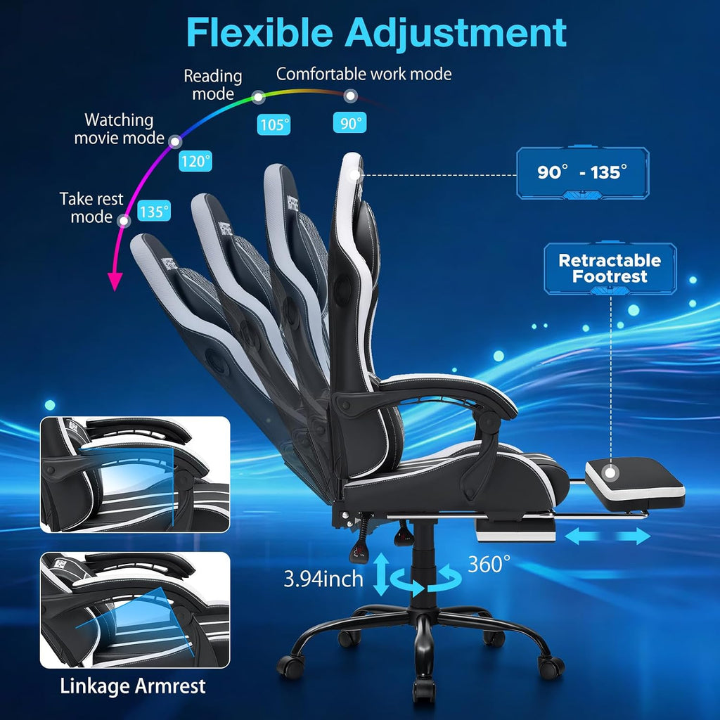HOFFREE LED Gaming Chair with Bluetooth Speakers Massage Gaming Chair with RGB Lights Big and Tall Game Chairs for 400lbs Heavy People High Back Computer Desk Chair with Footrest White and Black