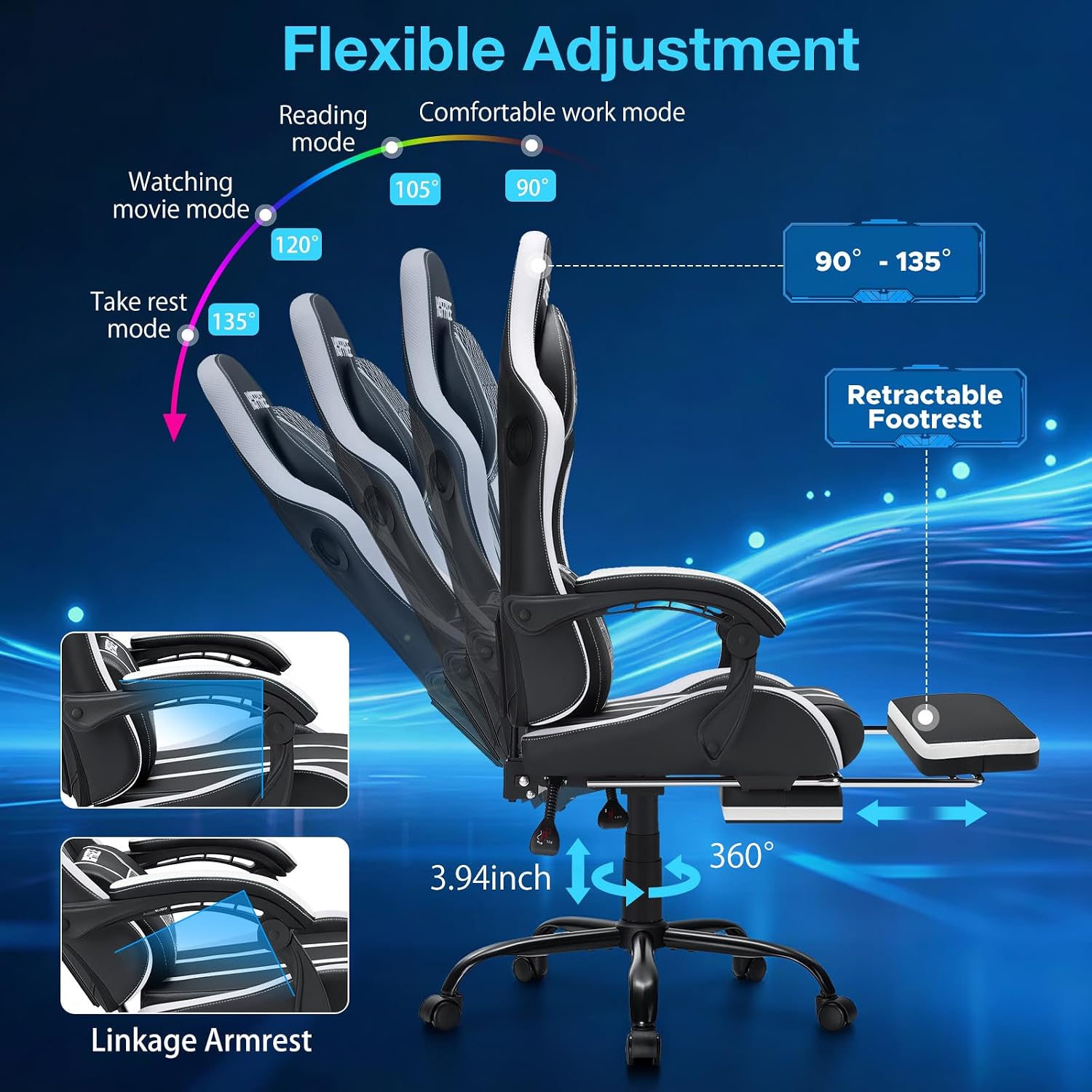 HOFFREE LED Gaming Chair with Bluetooth Speakers Massage Gaming Chair with RGB Lights Big and Tall Game Chairs for 400lbs Heavy People High Back Computer Desk Chair with Footrest White and Black