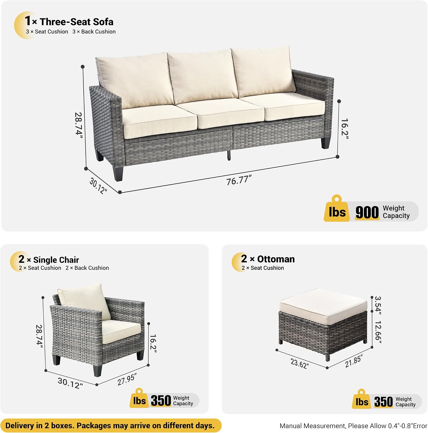 ovios 5-Pieces Patio Furniture Set, Outdoor Wicker Sofa Couch with Ottomans Comfy Cushions, Modern Conversation Set for Backyard Porch, Beige