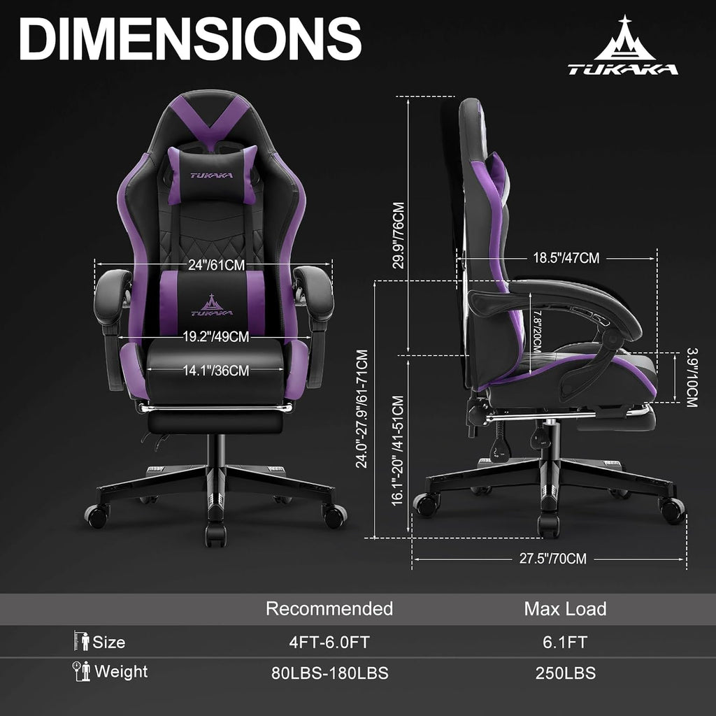 Gaming Chair,Ergonomic Massage Computer Office Desk Chair with Footrest,Pocket Spring Cushion,Reclining Leather Adjustable Gamer Chair with Headrest and Lumbar Support,Purple