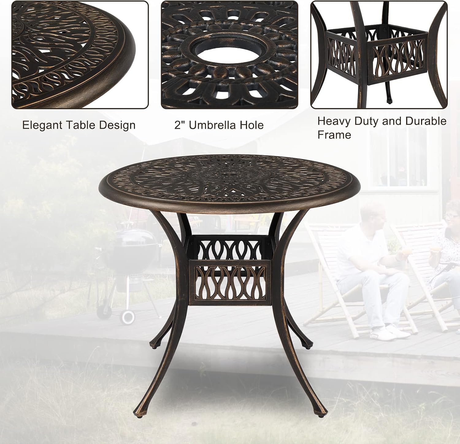 VINGLI 5 Pieces Outdoor Patio Dining Set, Cast Aluminium Patio Furniture Set with 4 Chairs and 1 Umbrella Table for Yard, Garden, Porch and Poolside, Bronze (Round Table)