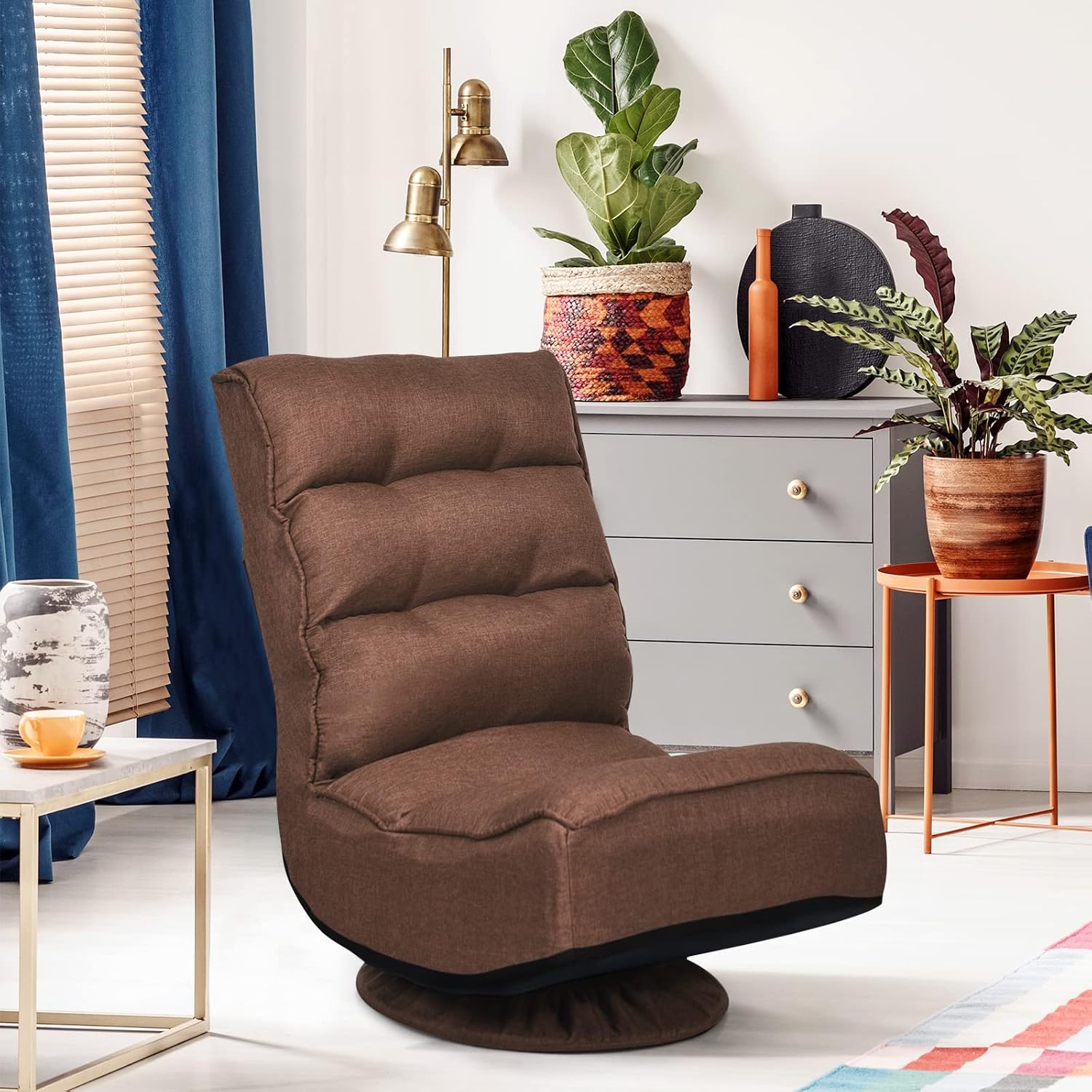 COSTWAY Folding Floor Chair, Adjustable 5-Position Video Gaming Chair with 360 Degree Swivel, Detachable Cover, Padded Backrest, Multipurpose Living Room Floor Lounger for TV Reading Playing, Coffee