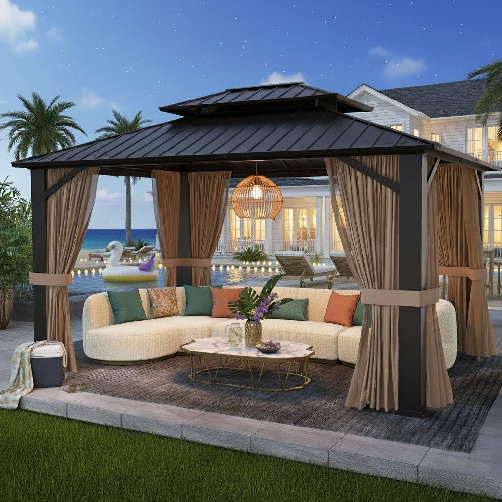 10x12ft Hardtop Gazebo, Metal Pavilion with Mesh Mosquito Netting & Curtains, All-Weather Outdoor Pergola for Garden, Patio, and Backyard（A Set of 2 Boxes）