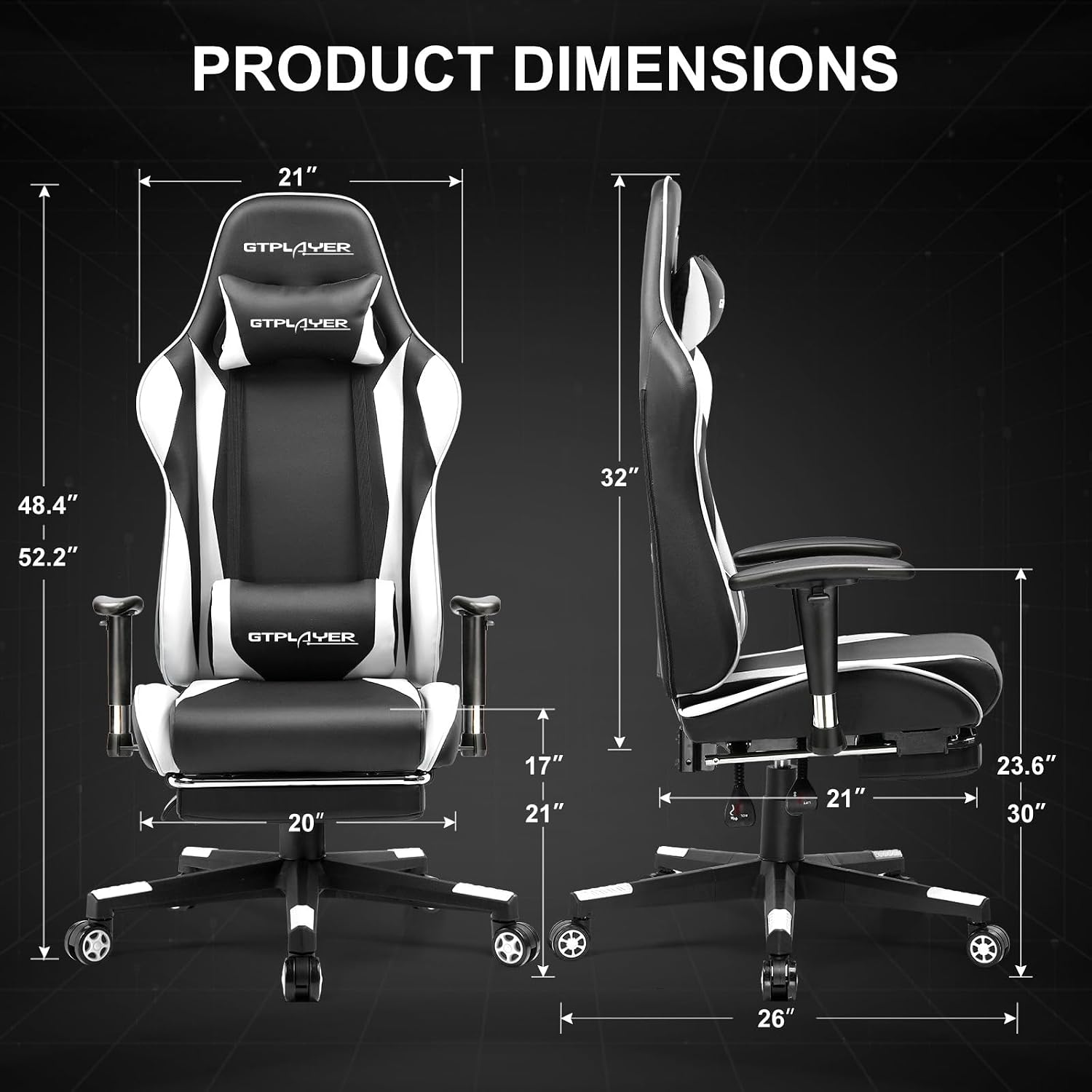 GTPLAYER Gaming Chair with Footrest, Ergonomic Computer Game Desk Chair, Recline Gaming Chair Seat Height Adjustment, Swivel Rocker with Headrest and Lumbar (White)