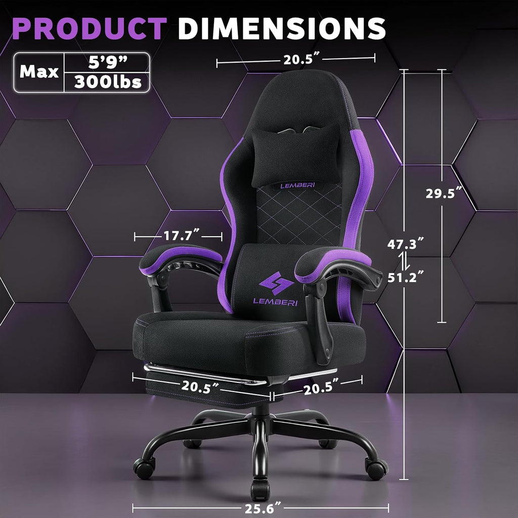 LEMBERI Gaming Chair, Fabric Big and Tall Video Game Chairs with Footrest, Massage Lumbar Support, Racing Style Ergonomic Computer Gamer Chair with Adjustable Headrest (Purple)