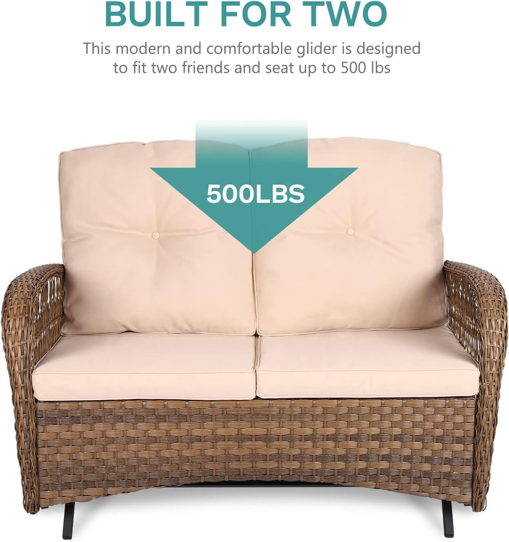 MEETWARM 4 Pieces Outdoor Wicker Patio Conversation Sets with Glider Loveseat, 2 Chairs with Glass-Top Coffee Table Wicker Rocking Glider Set, Wicker Conversation Set with Thickened Cushions