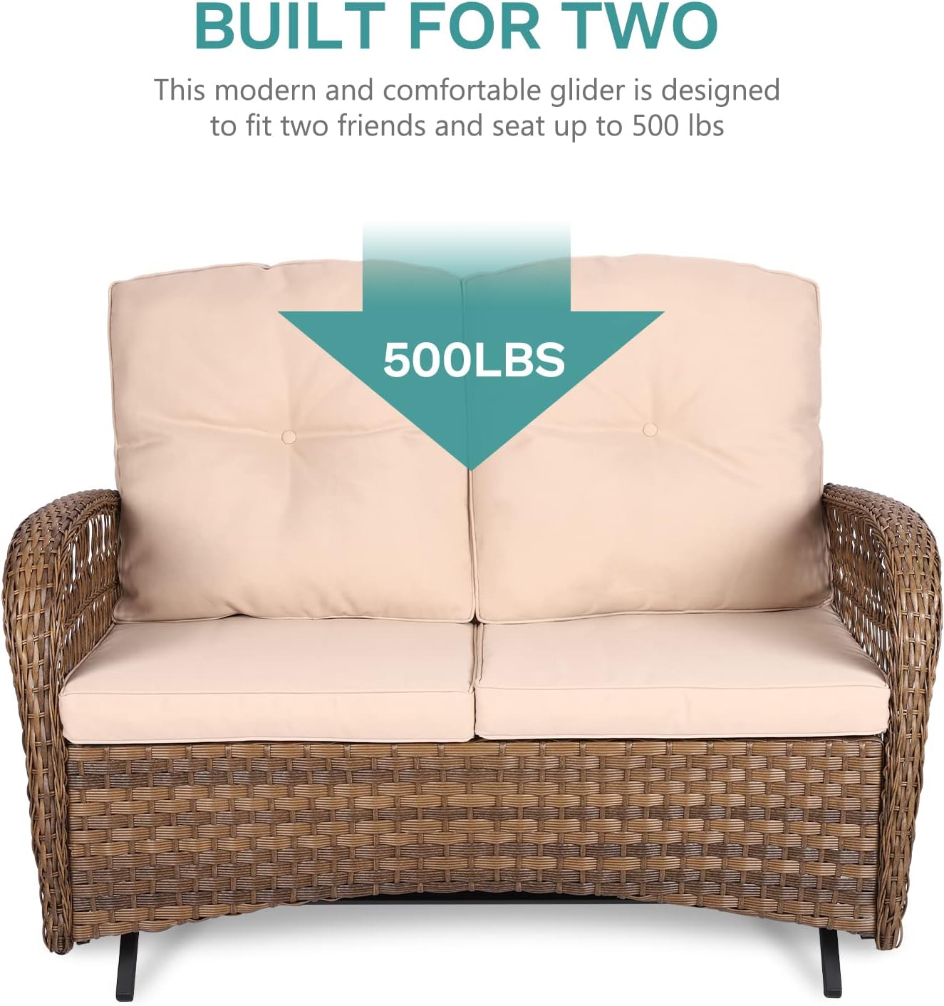 MEETWARM 4 Pieces Outdoor Wicker Patio Conversation Sets with Glider Loveseat, 2 Chairs with Glass-Top Coffee Table Wicker Rocking Glider Set, Wicker Conversation Set with Thickened Cushions