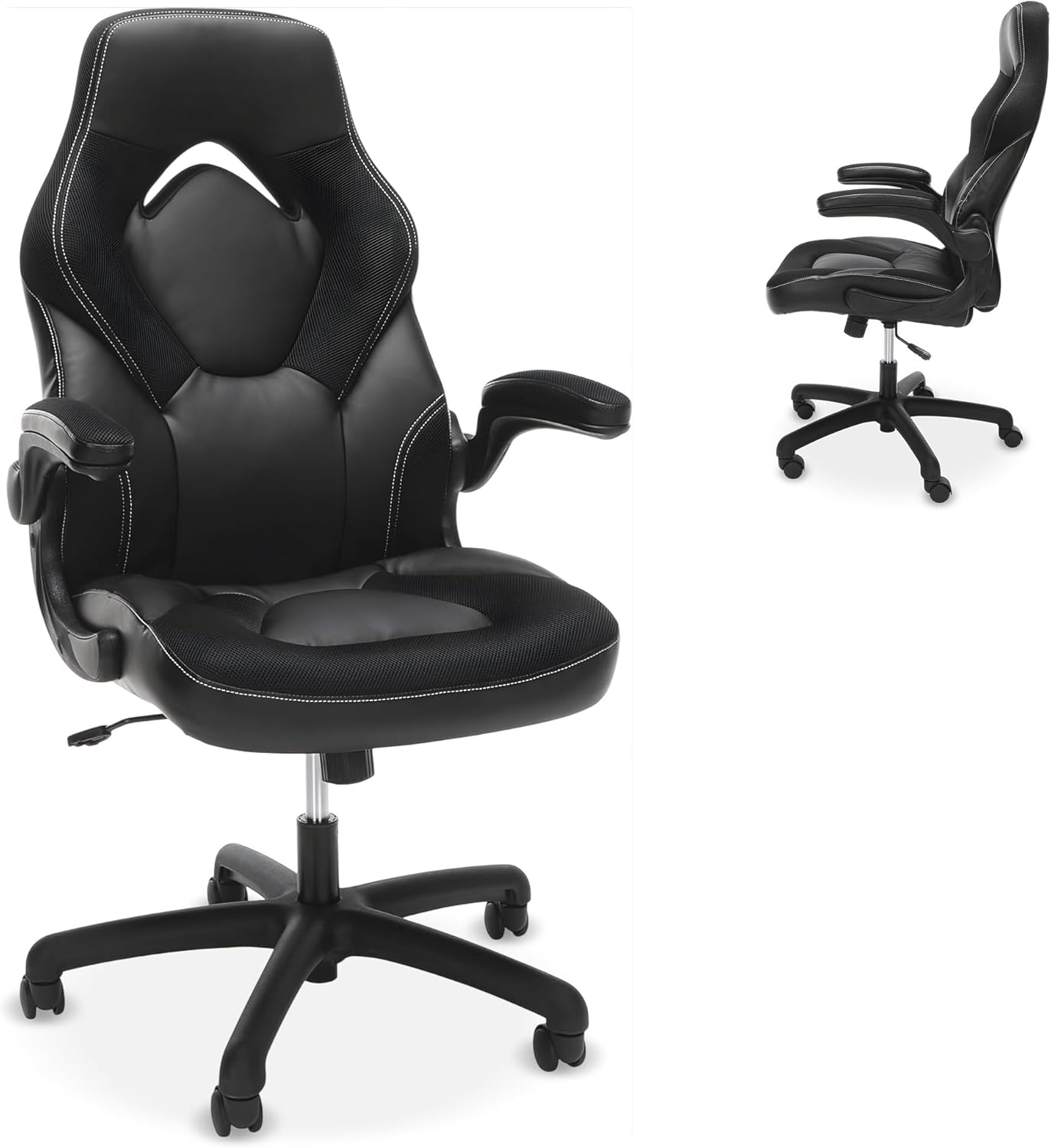 RESPAWN 3085 Ergonomic Gaming Chair for Adults, High Back Office Chair with Headrest and Flip Up Arms, Leather Racing Style Gaming Seat with Lumbar Support, Video Game Computer Desk Seat - Black