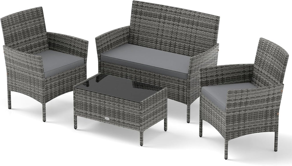 RELAX4LIFE 4-Piece Patio Furniture Set - Rattan Outdoor Conversation Bistro Set w/Cushions, Glass Coffee Table, Wicker Chairs & Loveseat for Garden Backyard Porch, Balcony Furniture Set (1, Mix Grey)