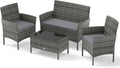 RELAX4LIFE 4-Piece Patio Furniture Set - Rattan Outdoor Conversation Bistro Set w/Cushions, Glass Coffee Table, Wicker Chairs & Loveseat for Garden Backyard Porch, Balcony Furniture Set (1, Mix Grey)
