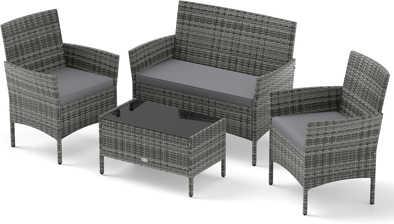 RELAX4LIFE 4-Piece Patio Furniture Set - Rattan Outdoor Conversation Bistro Set w/Cushions, Glass Coffee Table, Wicker Chairs & Loveseat for Garden Backyard Porch, Balcony Furniture Set (1, Mix Grey)