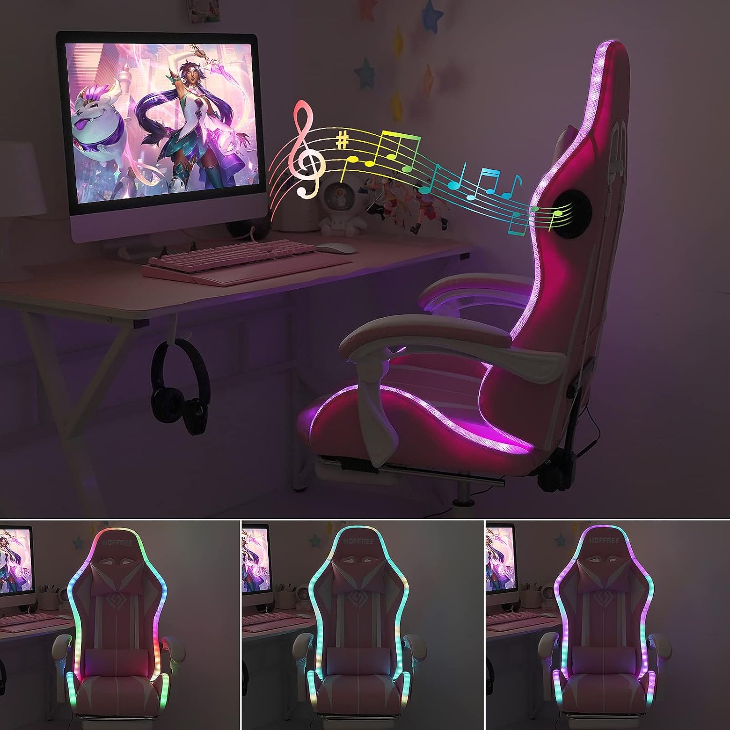 HOFFREE Pink Gaming Chair with Speakers and Led Lights Massage Video Game Chair with Footrest Reclining Computer Gaming Chair for Girls