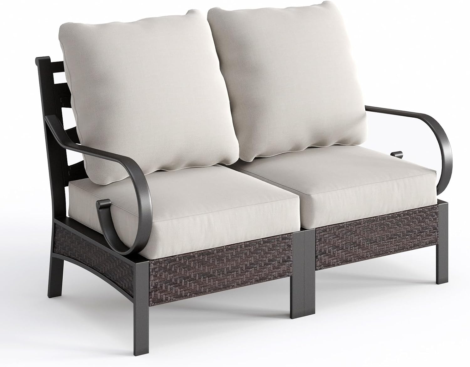 PHI VILLA Patio Sofa Outdoor Furniture, All-Weather Rattan & Metal 2 Seater Sofa with Cushions & Lumbar Pillows, Arm Lounge Loveseat for Patio, Balcony, Backyard, Deck, Poolside