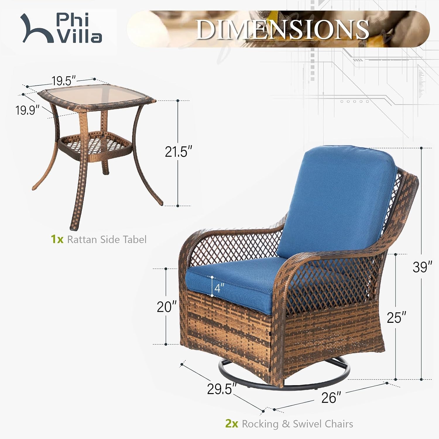 PHI VILLA Oversized Outdoor Swivel Rocker Chairs Set 3 Piece with 1 Table and 2 Rocking & Swivel Chairs Support 350lbs Navy Blue Wicker Outdoor Furniture Patio Conversation Set