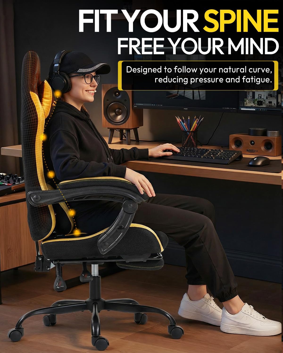 Gaming Chair with Footrest, Ergonomic 330lbs Leather Mesh Chair, Massage Lumbar Support,Adjustable Height & Headrest,Breathable Seat for Office, Home, Streaming, Long Gaming Sessions, Black and Golden