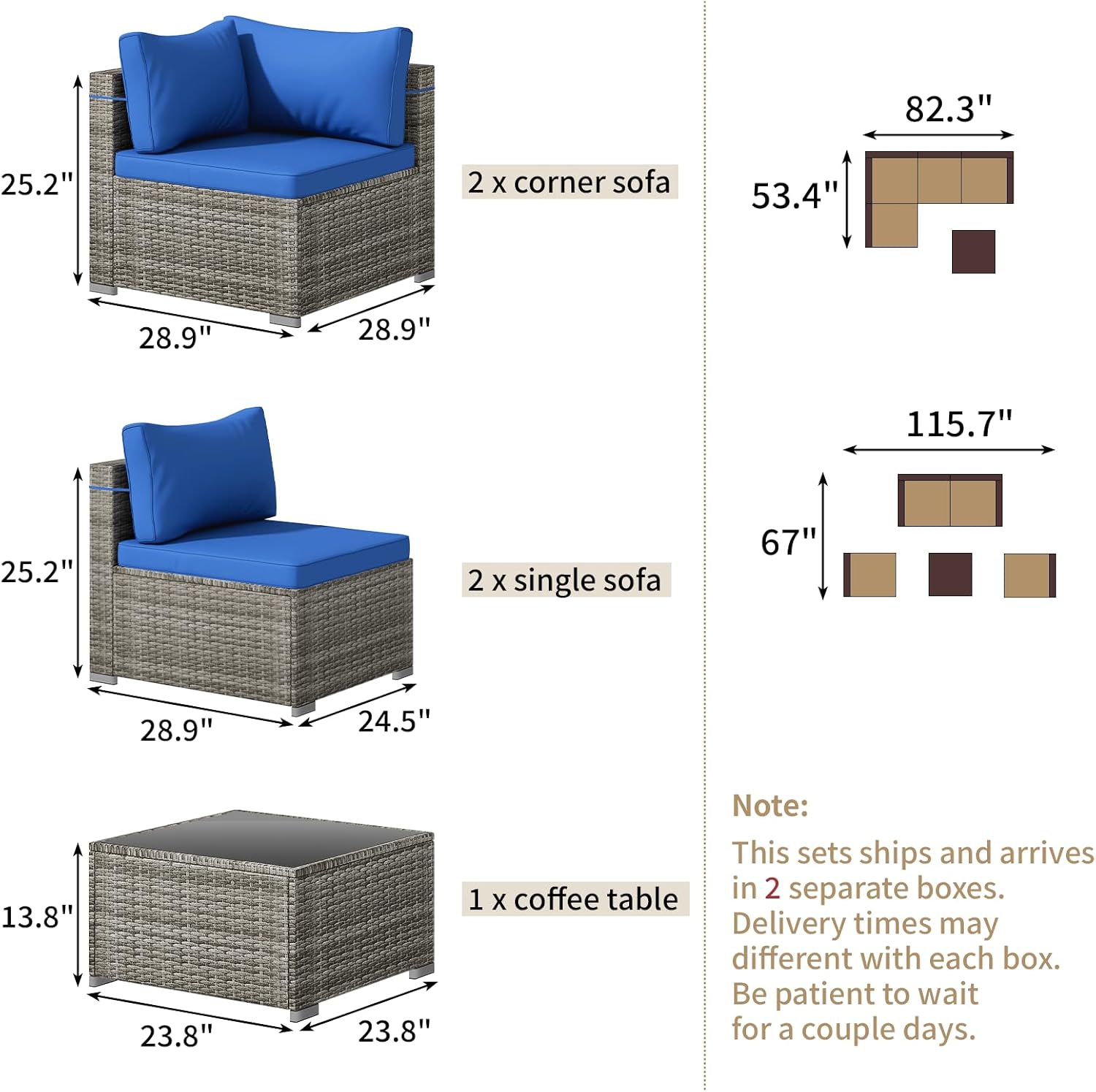 Tradare 5 Piece Patio Furniture Set, Outdoor Wicker Patio Sofa Set, PE Rattan Sectional Couch with Glass Table and Blue Cushions, All-Weather 5 Piece Outdoor Patio Furniture Sets, Grey