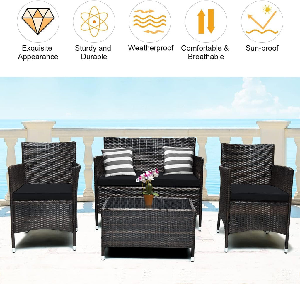 Tangkula 4 Pieces Patio Rattan Conversation Set, Outdoor Wicker Furniture with Tempered Glass Coffee Table & Thick Cushion, Rattan Chair Wicker Set for Garden, Lawn, Poolside and Backyard (1, Black)