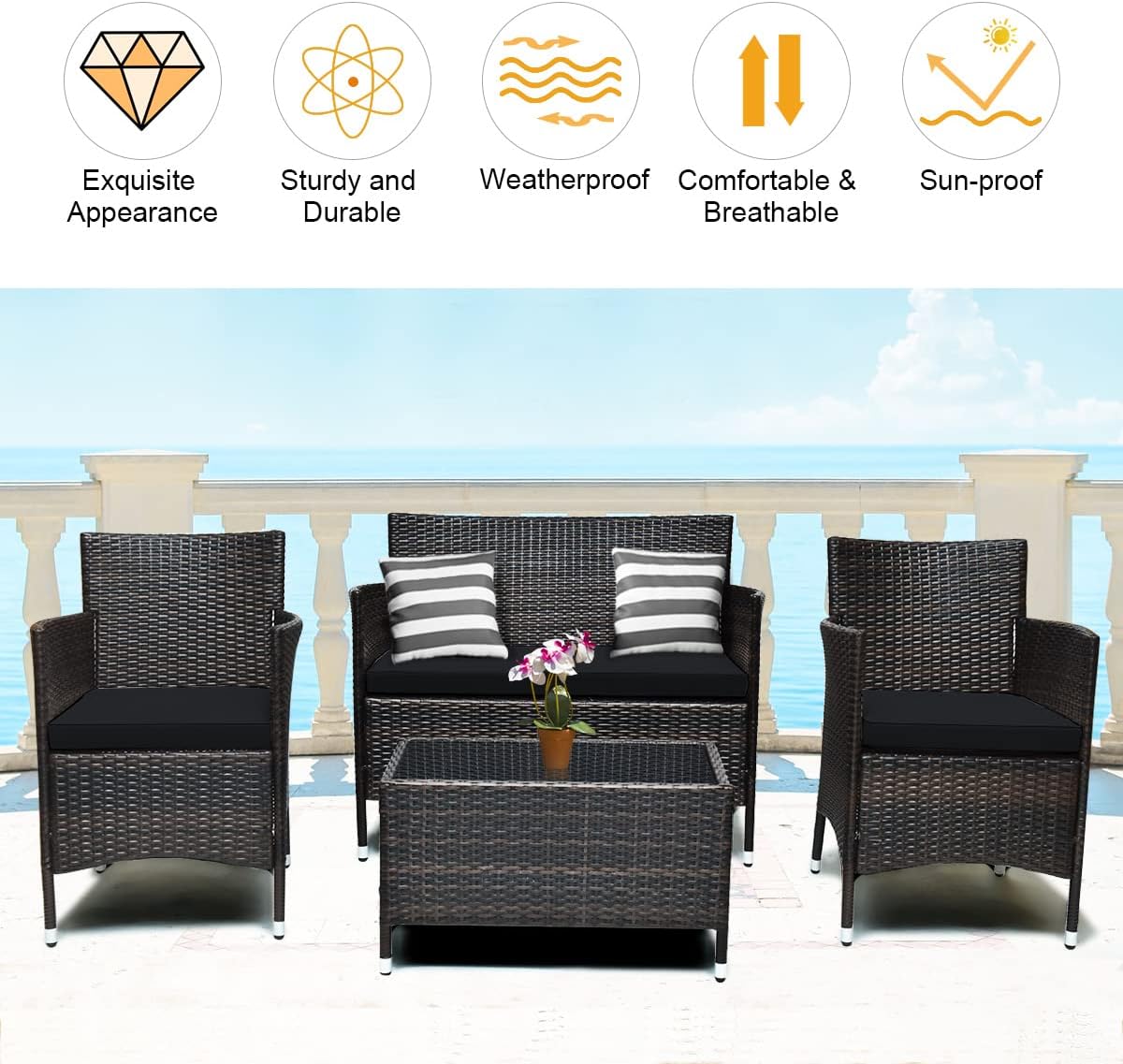 Tangkula 4 Pieces Patio Rattan Conversation Set, Outdoor Wicker Furniture with Tempered Glass Coffee Table & Thick Cushion, Rattan Chair Wicker Set for Garden, Lawn, Poolside and Backyard (1, Black)