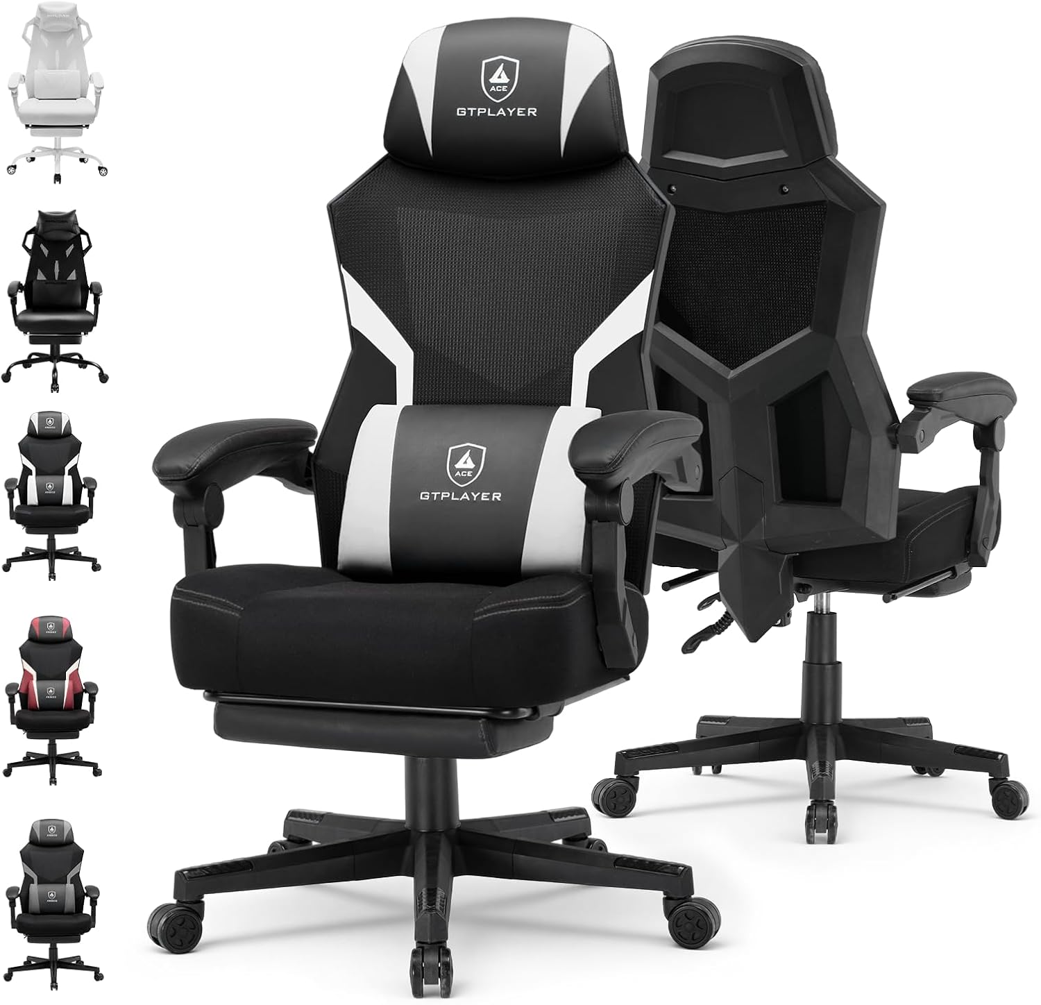 GTPLAYER Computer Chair with Adjustable Footrest, Ergonomic Gaming Chair with Headrest and Lumbar Support, Breathable Mesh Office Chair for Adults, High Back Reclining Desk Chair for Gaming and Office