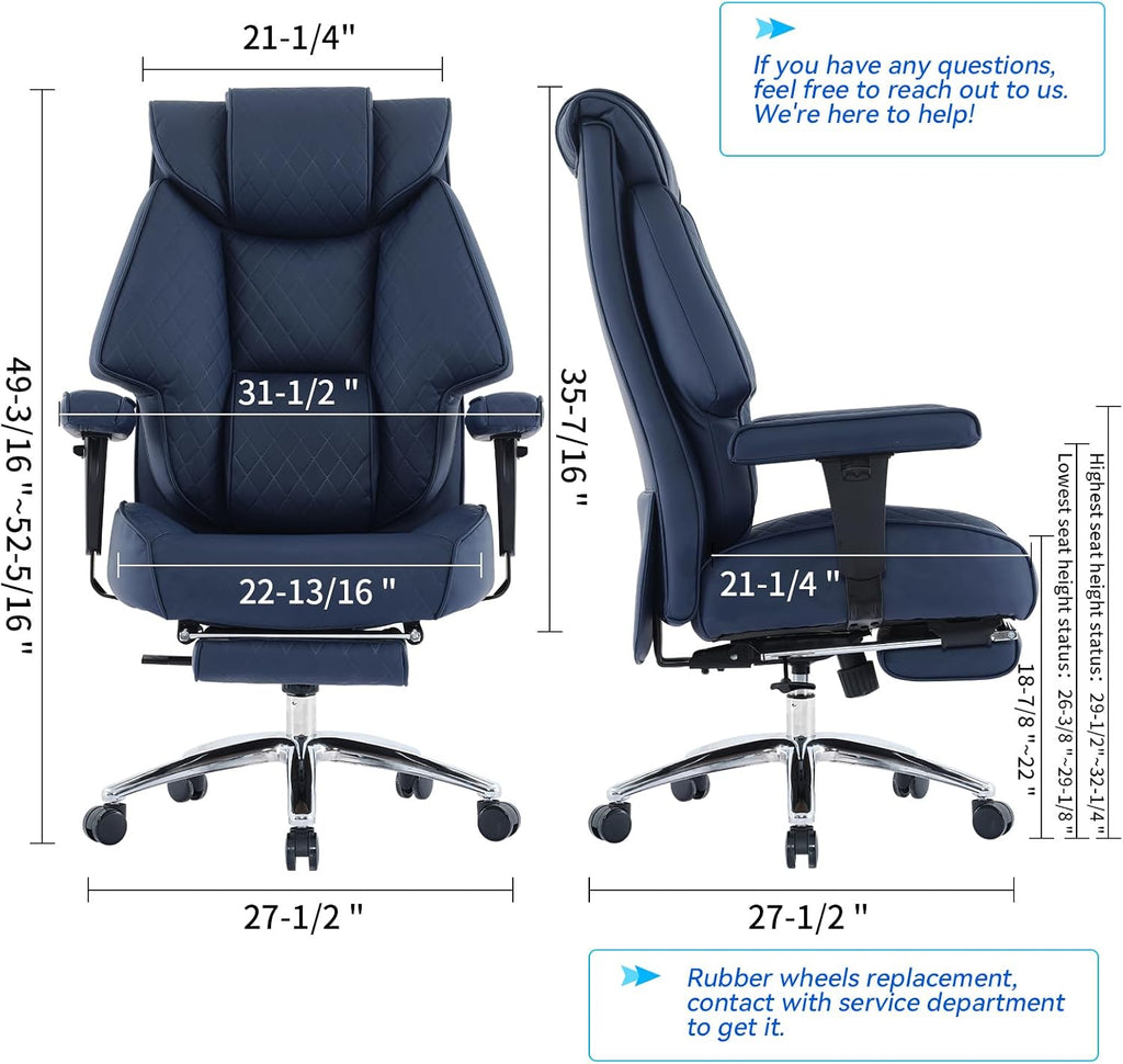 EXCEBET Big and Tall Office Chair with Footrest, PU Leather High Back Executive Office Chair 400lbs, Ergonomic Computer Chairs Lumbar Support for Heavy People (Blue)