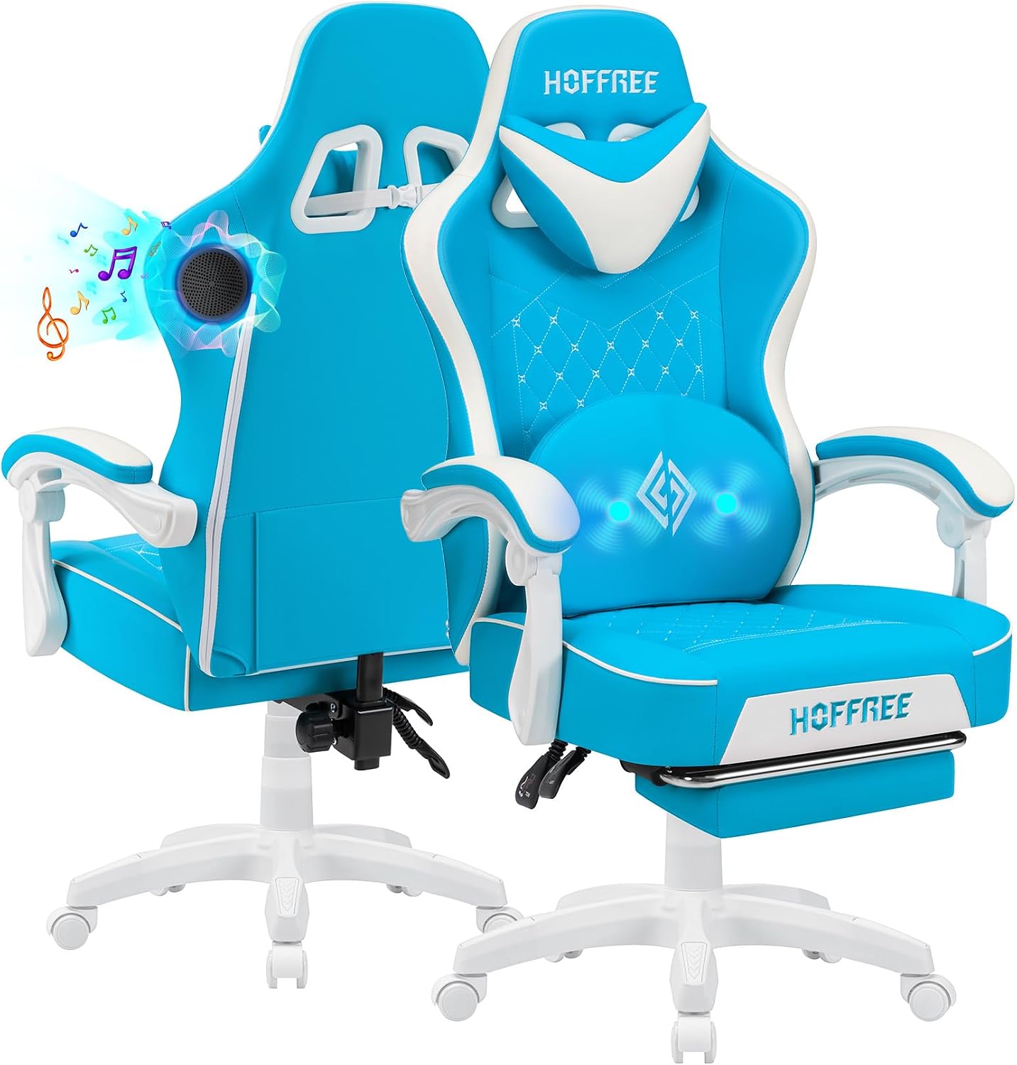 HOFFREE Gaming Chair Computer Chair with Speakers Massage Game Chairs with Footrest Bluetooth High Back Ergonomic Computer Gaming Chairs for Adults Reclining Video Gamer Chair Sky Blue and White
