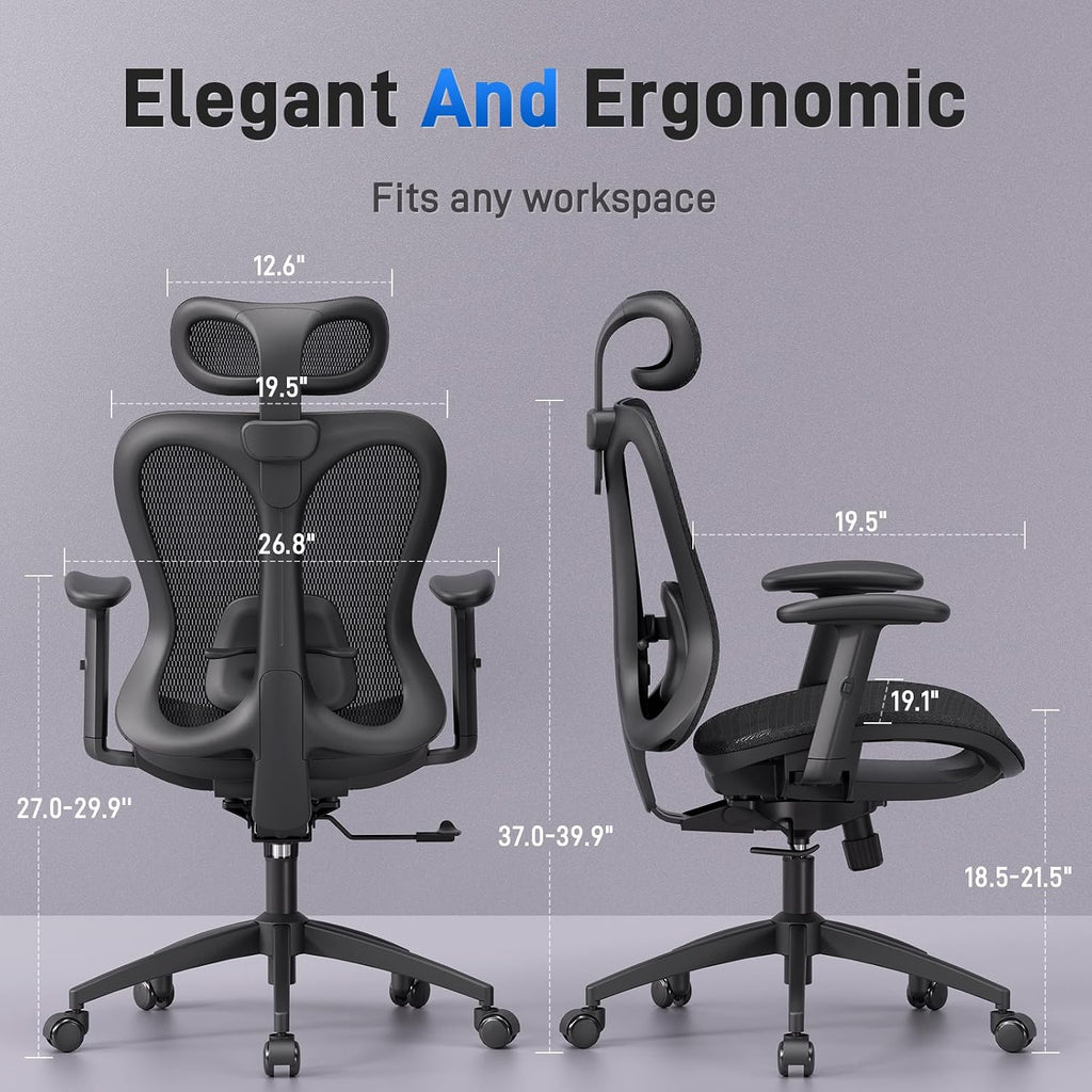 amseatec Ergonomic Office Desk Chair, Comfortable Computer Gaming Chair, Breathable Mesh Back & Seat, Adjustable Armrest & Headrest, Lumbar Support, Butterfly Design for Home Office (Black)