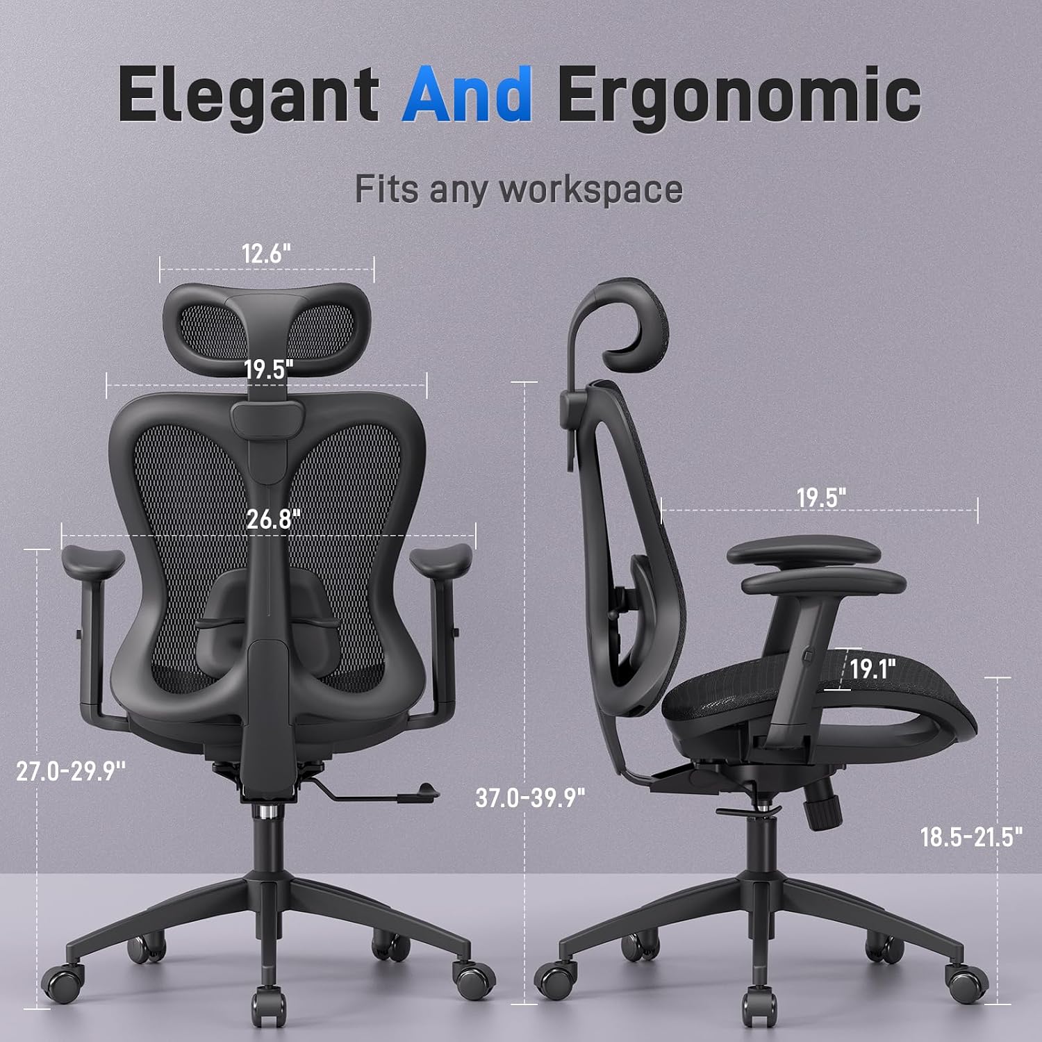 amseatec Ergonomic Office Desk Chair, Comfortable Computer Gaming Chair, Breathable Mesh Back & Seat, Adjustable Armrest & Headrest, Lumbar Support, Butterfly Design for Home Office (Black)