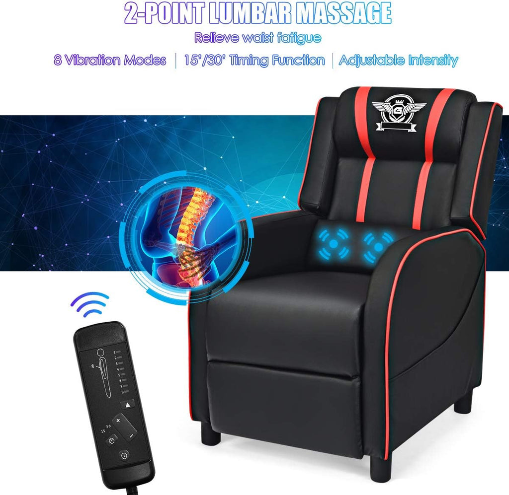 Giantex Gaming Recliner Chair, Adjustable Massage Gaming Chairs for Adults, Ergonomic Comfortable Lounge Leather Sofa w/Footrest, Remote Control & Side Pocket, Racing Style Single Sofa Recliners, Red