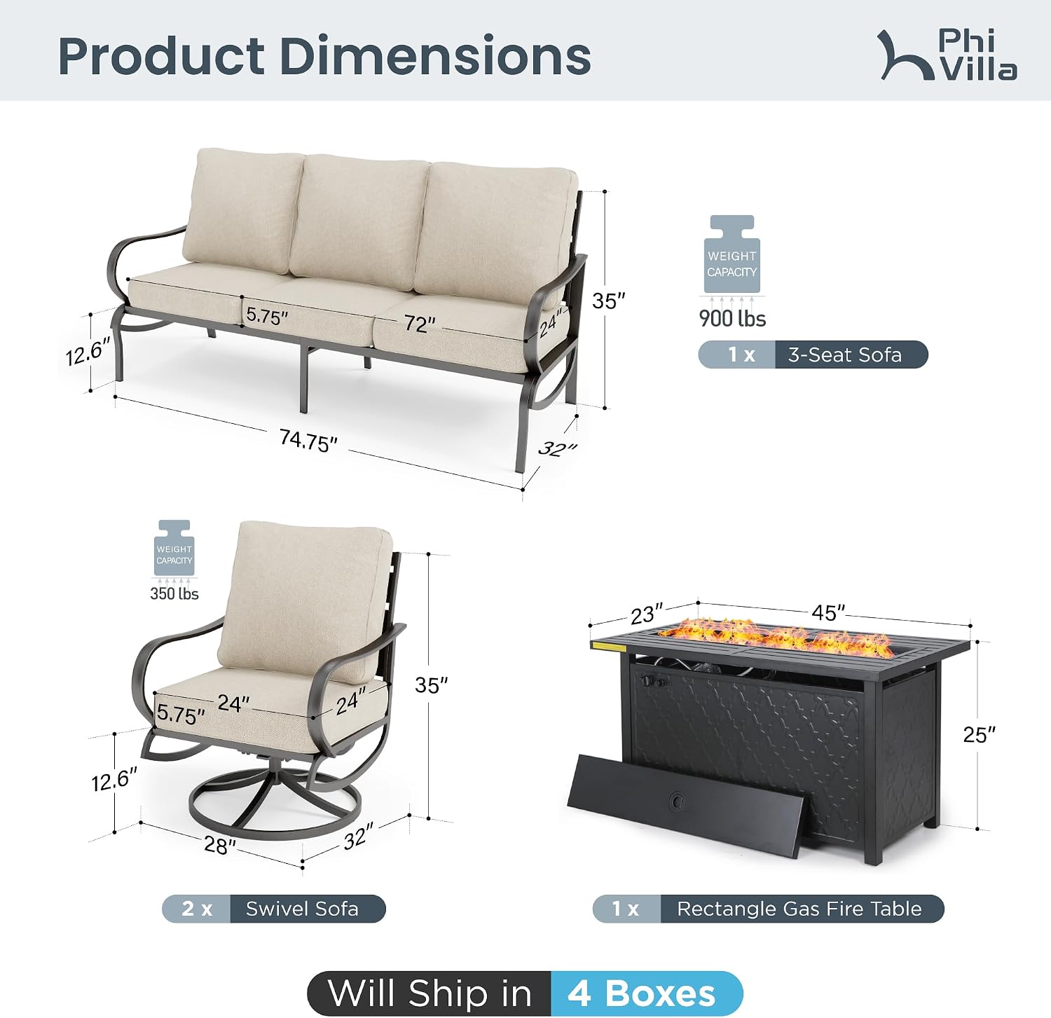 PHI VILLA 4 PCS Patio Furniture with FirePit Table, Outdoor Furniture Set with 1 x 45' Metal Firepit Table, 1 x 3 Seater Cushioned Deep Seating Bench & 2 x Swivel Sofa Chairs