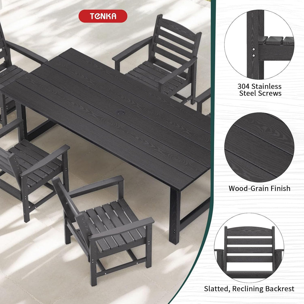 TenKa HDPE Patio Outdoor Furniture Set，Dining Table and Chairs,Outdoor Table with Umbrella Hole, Outdoor Dining Set for Garden, Backyard, Lawn, and Poolside (Black, 2 Chairs)