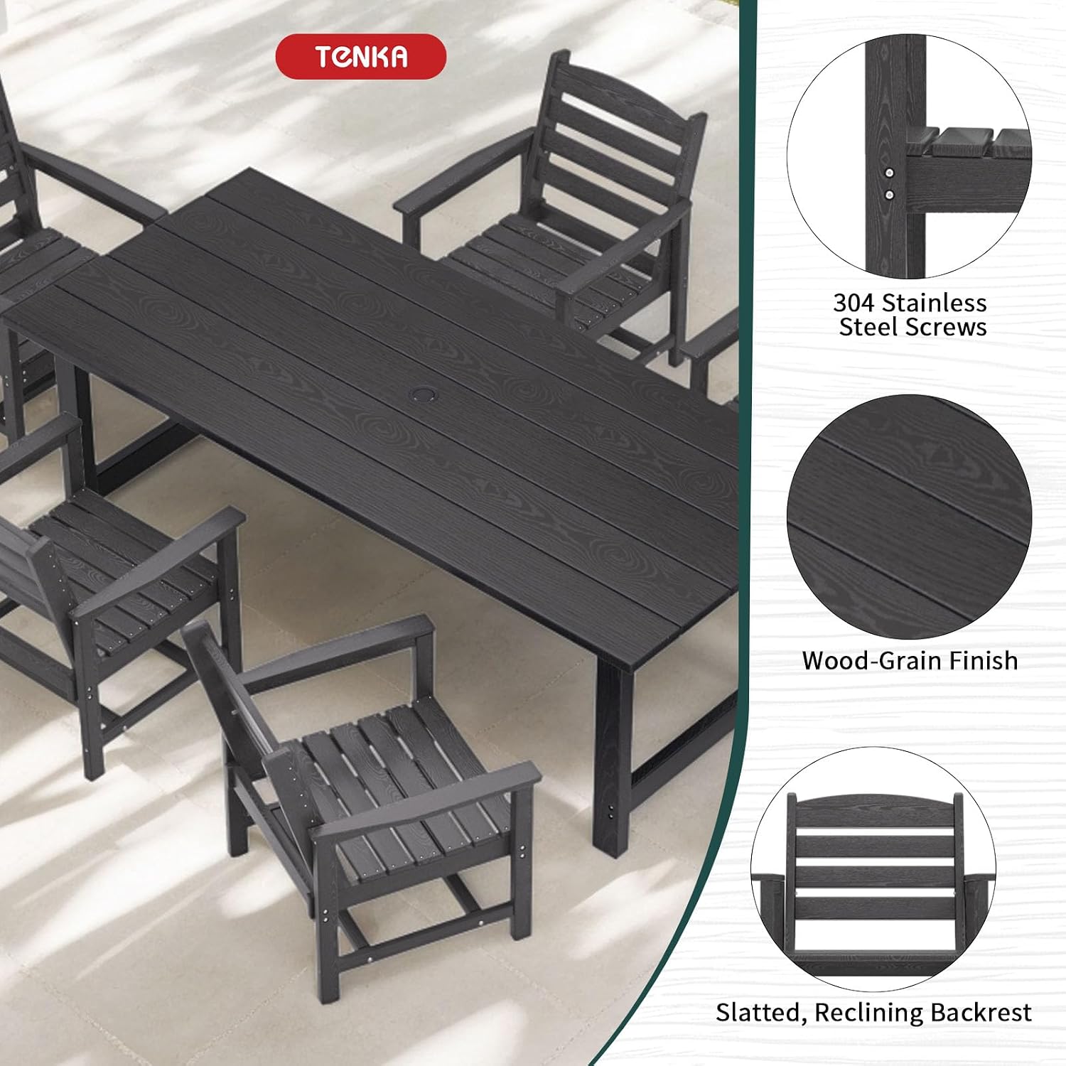 TenKa HDPE Patio Outdoor Furniture Set，Dining Table and Chairs,Outdoor Table with Umbrella Hole, Outdoor Dining Set for Garden, Backyard, Lawn, and Poolside (Black, 2 Chairs)