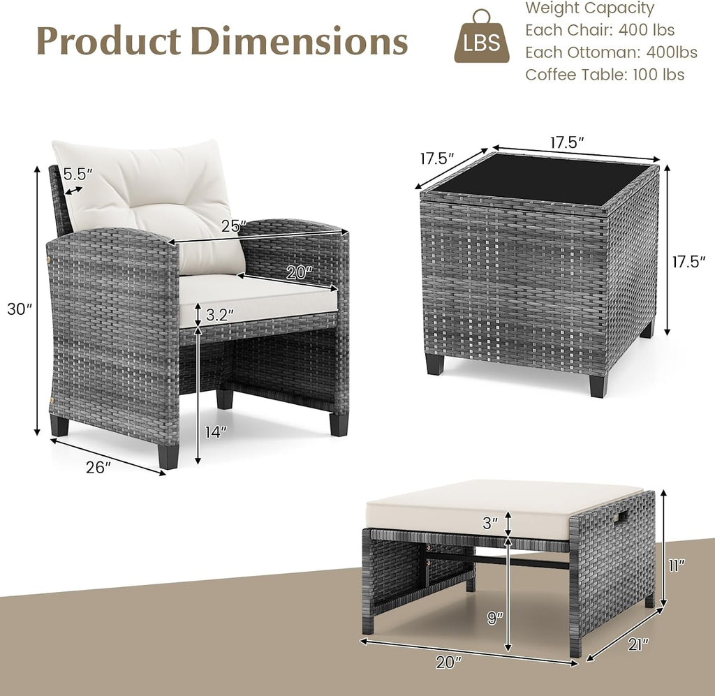 KOTEK 5 Pieces Patio Furniture Set with Ottomans, Wicker Patio Conversation Set with Coffee Table & Cushions, PE Rattan Outdoor Lounge Chairs for Backyard, Porch, Poolside (Mix Grey- Off White)