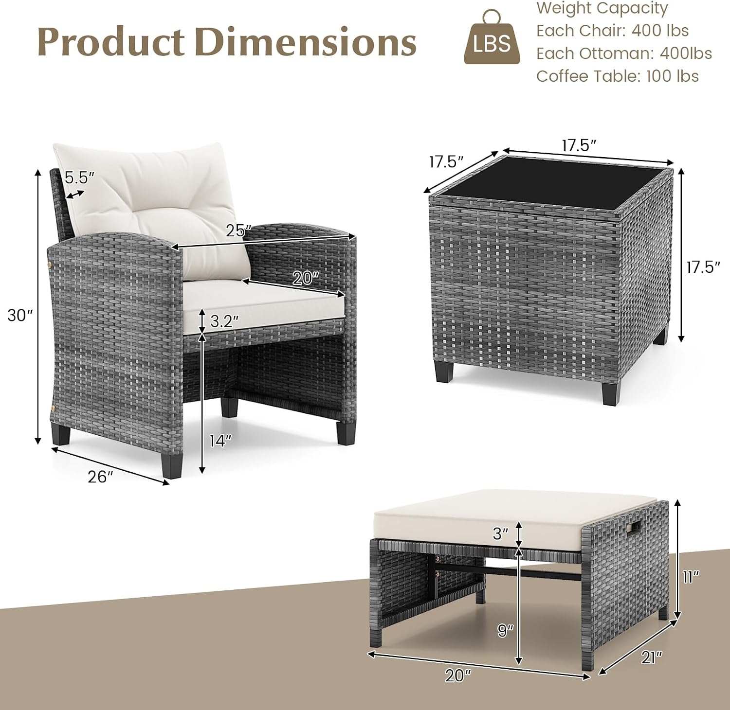 KOTEK 5 Pieces Patio Furniture Set with Ottomans, Wicker Patio Conversation Set with Coffee Table & Cushions, PE Rattan Outdoor Lounge Chairs for Backyard, Porch, Poolside (Mix Grey- Off White)