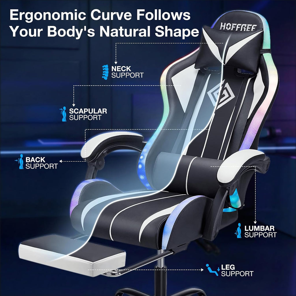 HOFFREE RGB Gaming Chair with Speakers Massage Computer Gaming Chair with LED Lights and Footrest High Back Video Game Chair for Adults White and Black