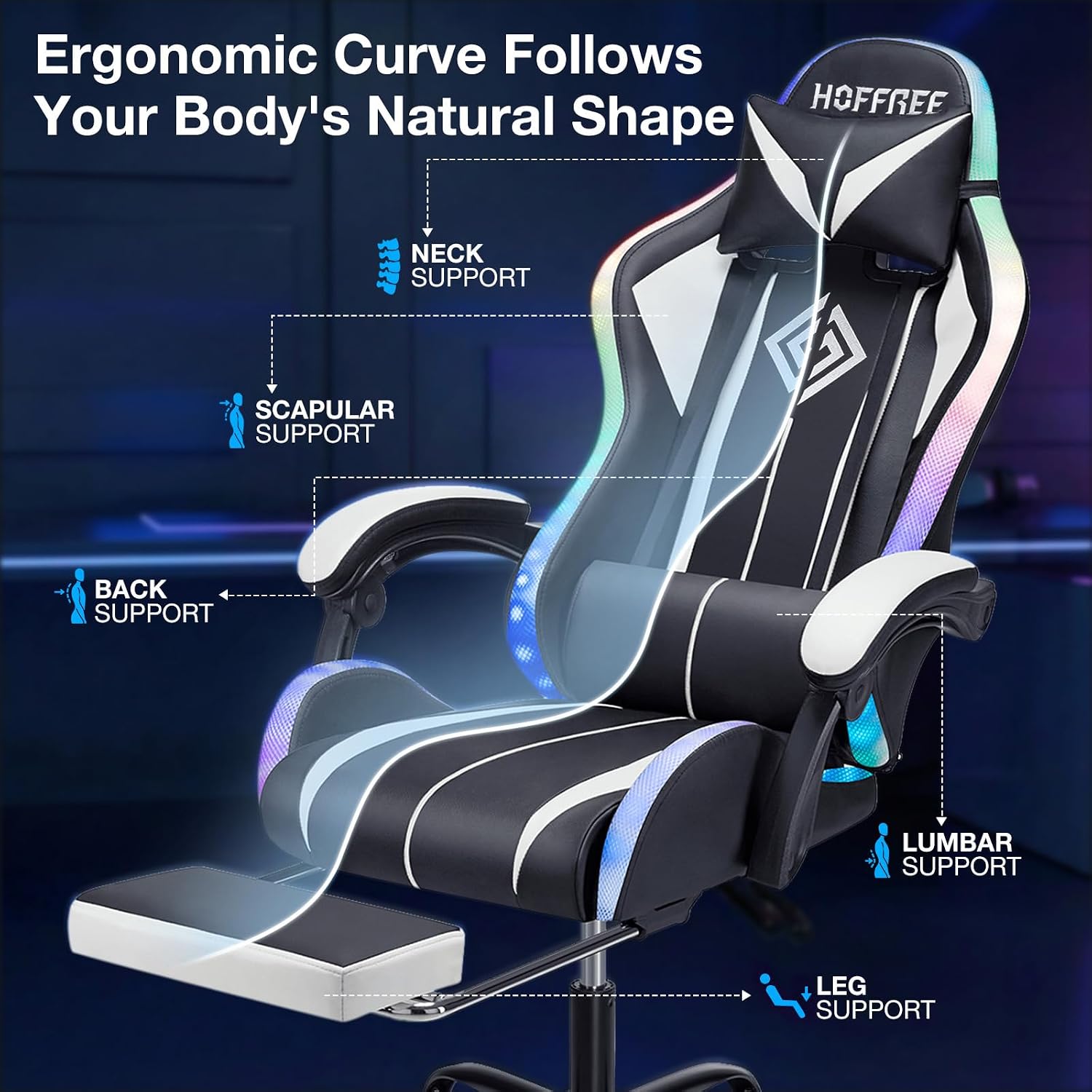 HOFFREE RGB Gaming Chair with Speakers Massage Computer Gaming Chair with LED Lights and Footrest High Back Video Game Chair for Adults White and Black