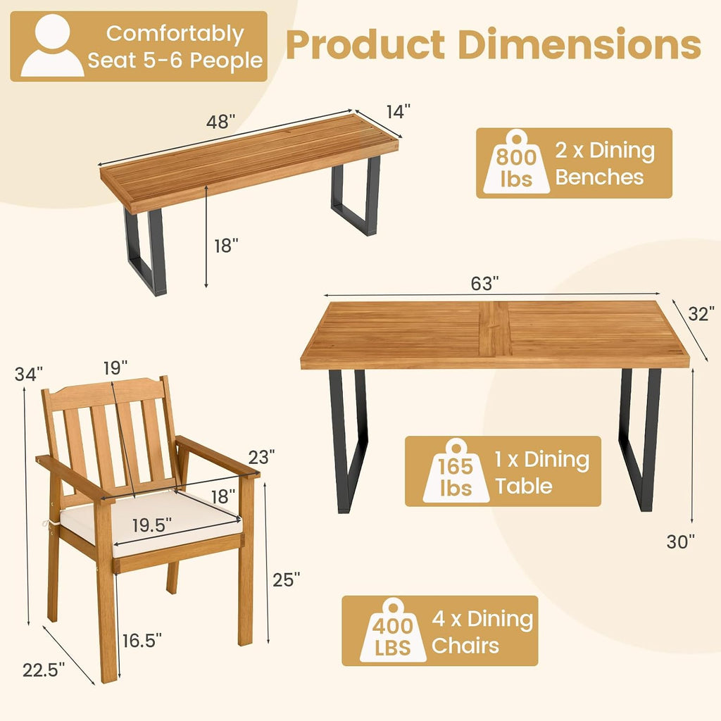 Tangkula 6 Pieces Patio Dining Table Set, 63' Rectangle Acacia Wood Table with Umbrella Hole and 4 Cushioned Armchairs and Backless Bench, Outdoor Dinette Furniture for Garden Yard Kitchen
