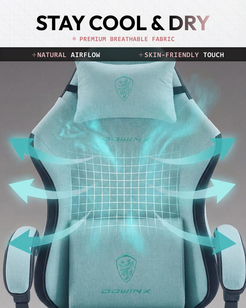 Dowinx Gaming Chair, Fabric Gaming Chairs for Adults with Pocket Spring Cushions and Lumbar Support, Ergonomic Massage Computer Chair with Footrest for Big and Tall, Aqua