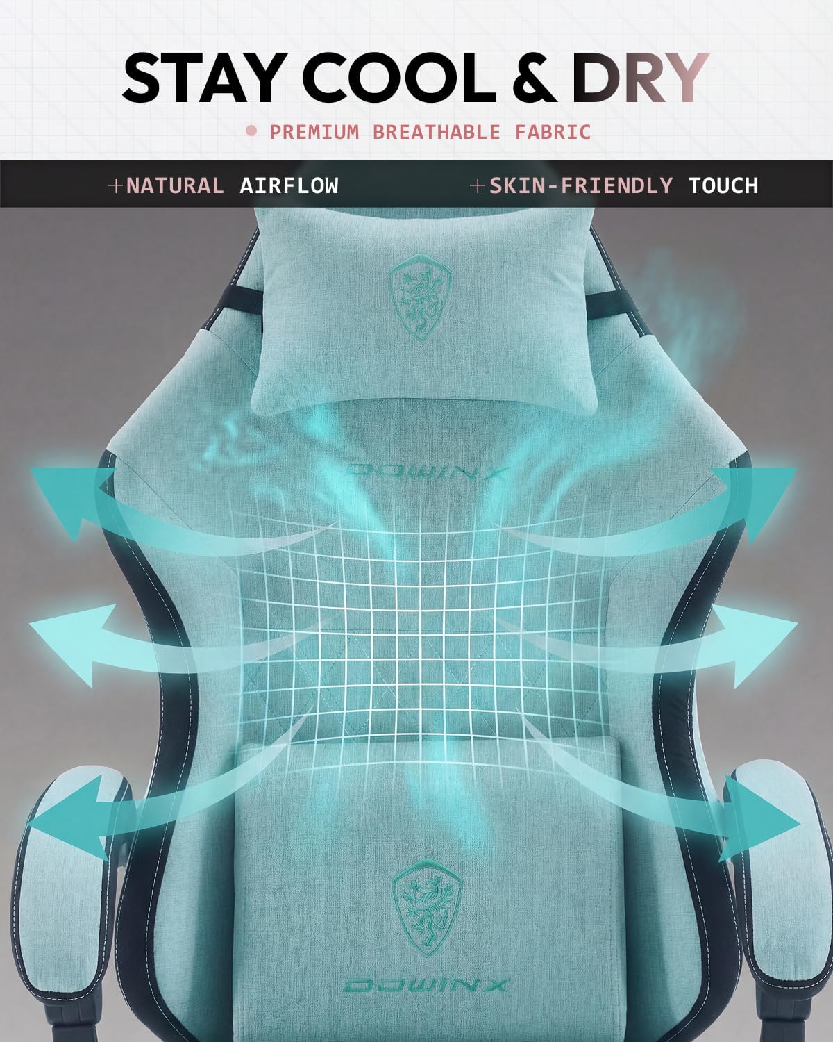 Dowinx Gaming Chair, Fabric Gaming Chairs for Adults with Pocket Spring Cushions and Lumbar Support, Ergonomic Massage Computer Chair with Footrest for Big and Tall, Aqua