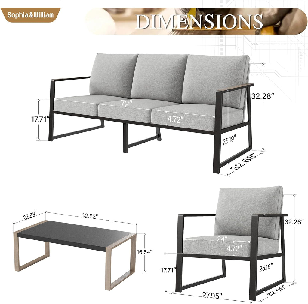Sophia & William Modern Patio Furniture Set Outdoor Conversation Set 6pcs Heavy Duty with Soft Cotton-Filled Textilene Fabric for 5, Adjustable Coffee Table for Pool Garden Backyard