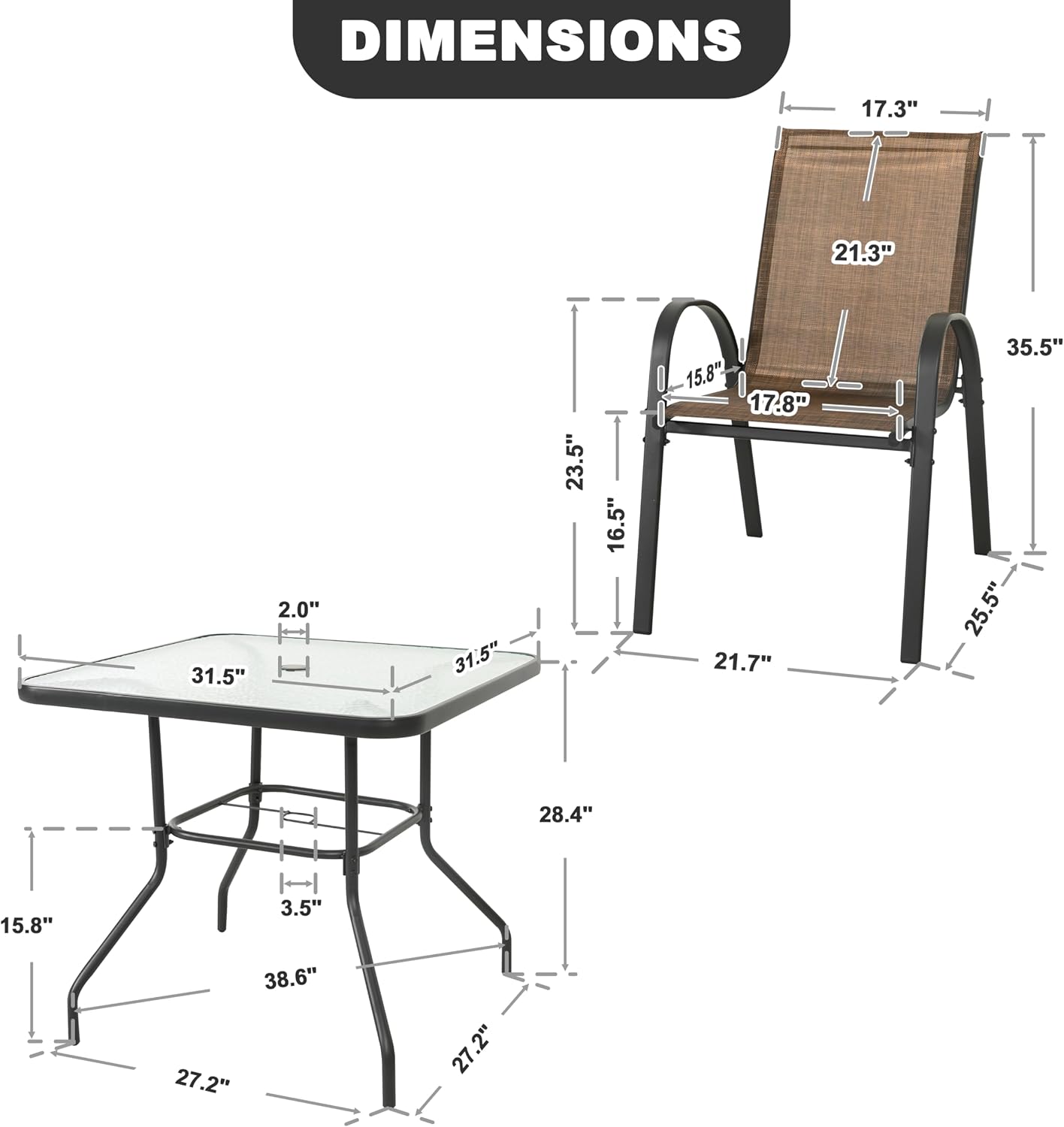 NUU GARDEN 5 Piece Outdoor Patio Dining Set, 32 Inch Square Tempered Glass Table with Umbrella Hole and 4 Textilene Chairs, Patio Furniture for Backyard Garden, Brown and Black