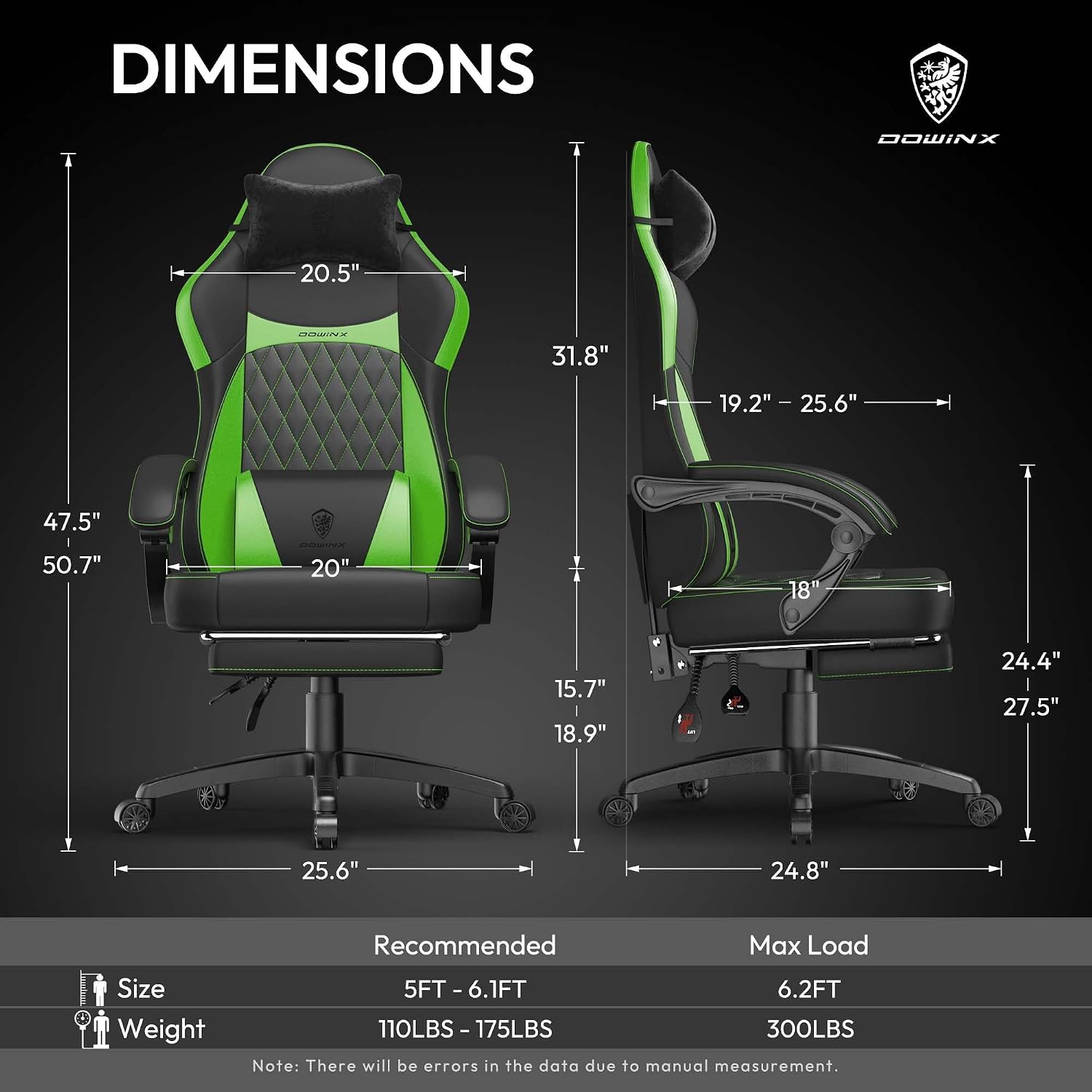 Dowinx Gaming Chair with Pocket Spring Cushion, Ergonomic Computer Chair with Massage Lumbar and Footrest for Adults, High Back Game Chair Leather for Office Gaming 300LBS, Green New