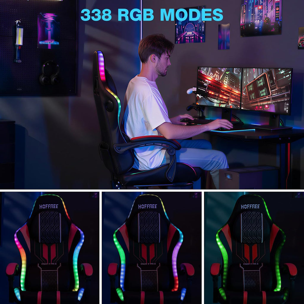 HOFFREE LED Gaming Chair with Bluetooth Speakers Massage Gaming Chair with RGB Lights Big and Tall Game Chairs for 400lbs Heavy People High Back Computer Desk Chair with Footrest Red and Black