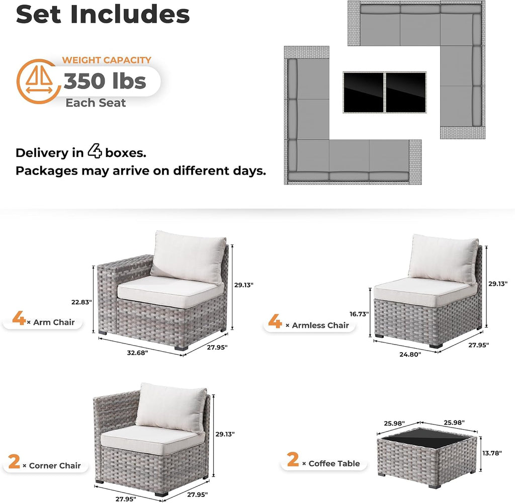 ovios 12 Pieces Patio Furniture Set, Outdoor Wicker Sectional Sofa with Coffee Table Comfy Cushions, Modern Modular Deep Seat Couch Rattan Conversation Set, Beige