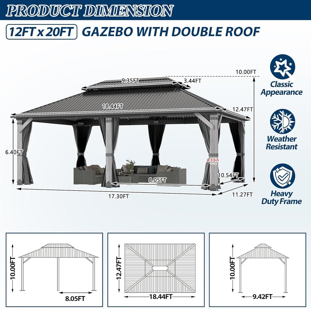 COVERONICS 12'x20' Outdoor Wood Gazebo - Hardtop Wooden Gazebo with Galvanized Steel Roof, Heavy-Duty Pavilion with Netting & Curtains for Garden, Poolside, Deck, Backyard