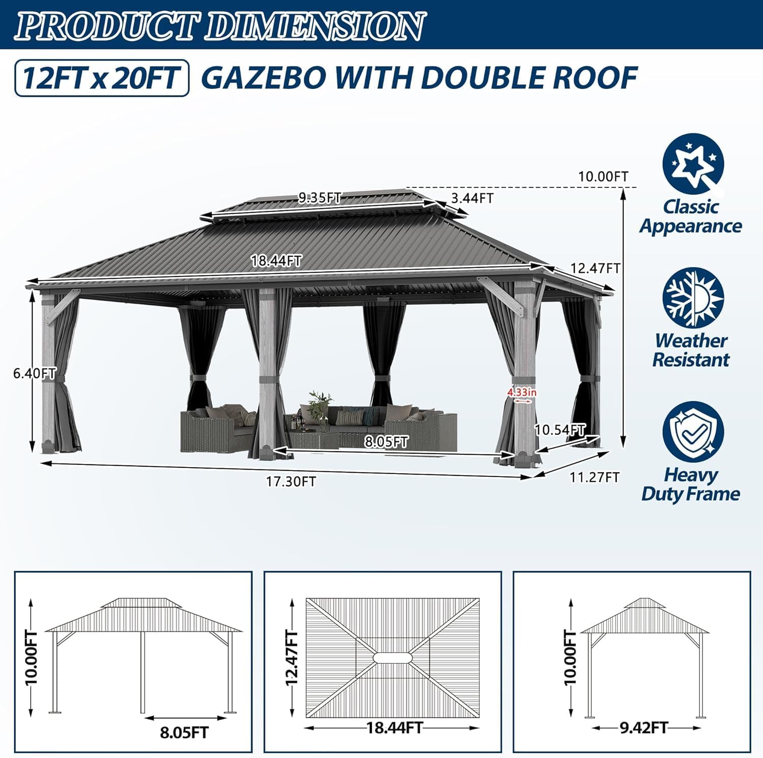 COVERONICS 12'x20' Outdoor Wood Gazebo - Hardtop Wooden Gazebo with Galvanized Steel Roof, Heavy-Duty Pavilion with Netting & Curtains for Garden, Poolside, Deck, Backyard