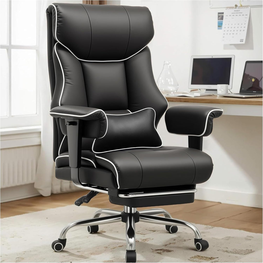 COMHOMA Big and Tall Office Chair 400lbs High Back Gaming Chair with Ergonomic Lumbar Support & Pocket Spring Cushion for Lower Back Pain Relief, Leather Executive Chair with Foot Rest, Iron Black