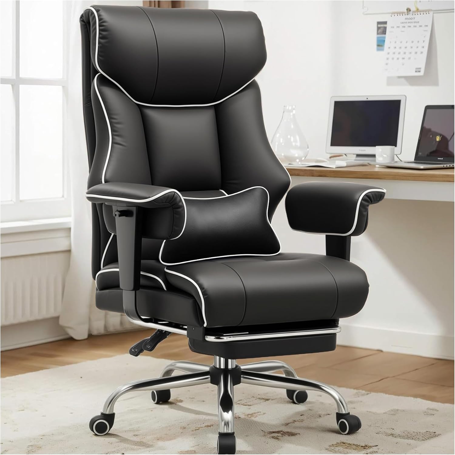 COMHOMA Big and Tall Office Chair 400lbs High Back Gaming Chair with Ergonomic Lumbar Support & Pocket Spring Cushion for Lower Back Pain Relief, Leather Executive Chair with Foot Rest, Iron Black