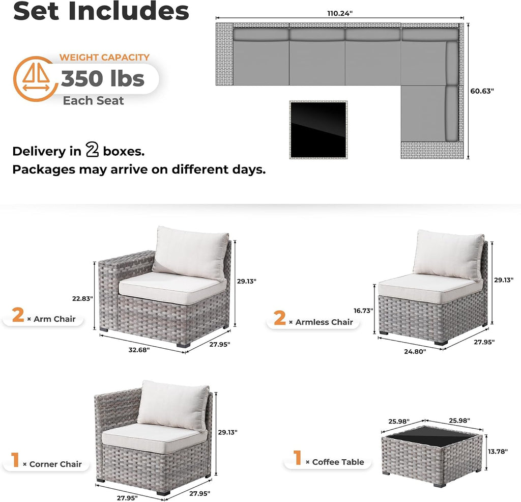ovios 6 Pieces Patio Furniture Set, Outdoor Wicker Sectional Sofa with Coffee Table Comfy Cushions, Modern Modular Deep Seat Couch Rattan Conversation Set, Beige