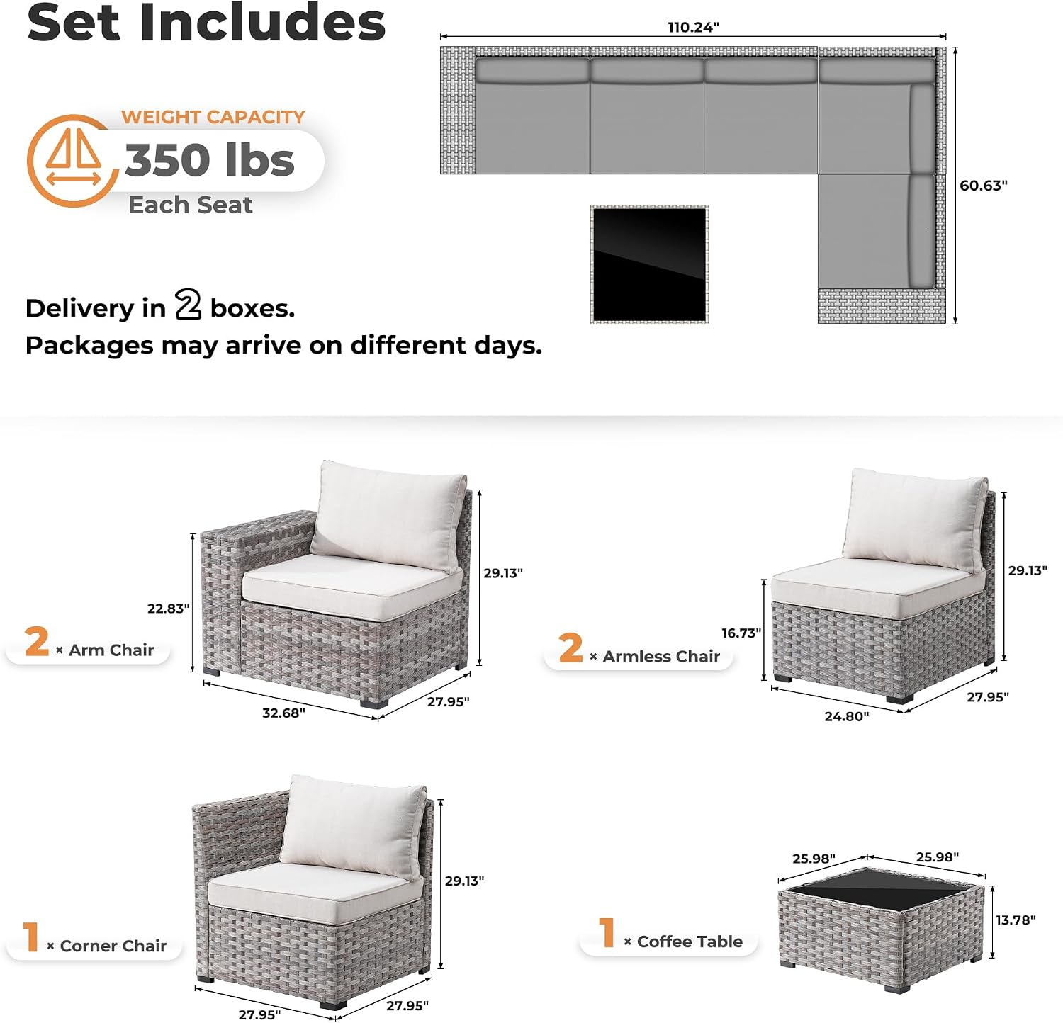ovios 6 Pieces Patio Furniture Set, Outdoor Wicker Sectional Sofa with Coffee Table Comfy Cushions, Modern Modular Deep Seat Couch Rattan Conversation Set, Beige