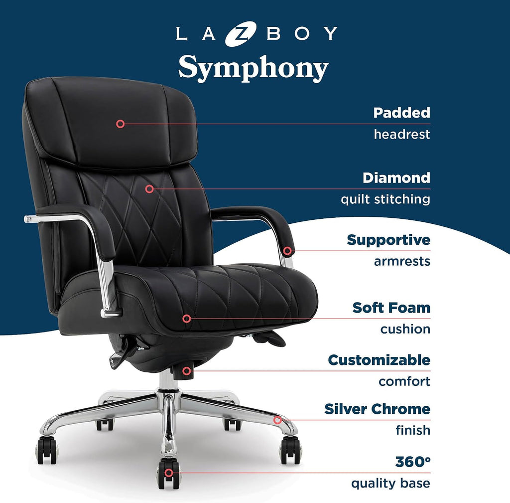 La-Z-Boy Symphony Executive Mid-Back Office Chair, Diamond Quilt Seat and Back, Pocket Coil Cushion, Padded Armrests, Ergonomic Computer DeskChair, Swivel Metal Base, Bonded Leather, Black/Chrome